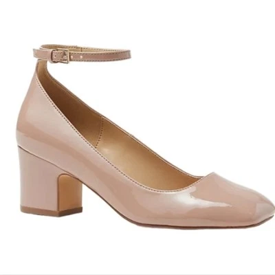 ¡NUEVO! ANN TAYLOR Rubor Profundo Patente Correa de Tobillo Tacón Bloque Zapato Bomba 9 Balletcore Foto 1 de 4