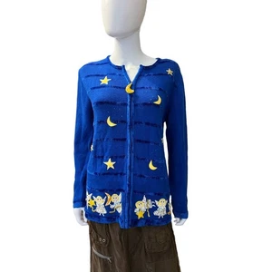 Suéter Vintage Quaker Factory Azul Cobalto Ángel Luna Estrella Bordado, M - Imagen 1 de 7