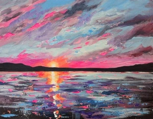 Original Acrylic Painting. Hand-Painted Canvas. Sunset Ocean Seascape. 11x14 Art - Picture 1 of 6