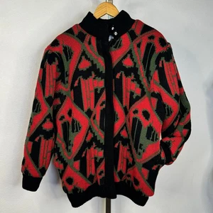 Chaqueta Bomber Tejida Abstracta Años 80 De Colección Roja Verde Negra Patrón Geométrico Grande - Imagen 1 de 10
