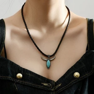 Unique Tribal Design Turquoise Bull Pendant Necklace Comfortable Leather Jewelry - Picture 1 of 10