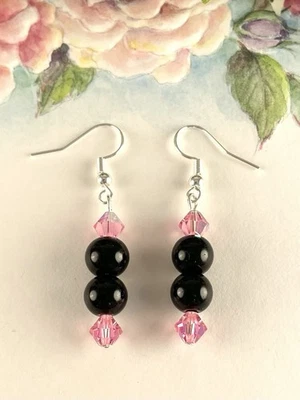 Black Onyx Pink Crytal Silver Dangle Earrings Women’s Artisan Jewelry New - Image 1 of 4