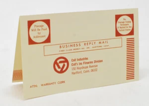 Colt Industries Firearm Warranty Card. Vintage Card For Colt Handguns. - Picture 1 of 3