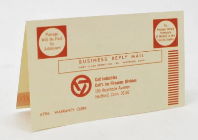Tarjeta de garantía de armas de fuego Colt Industries. Tarjeta vintage para pistolas Colt. Foto 1 de 3