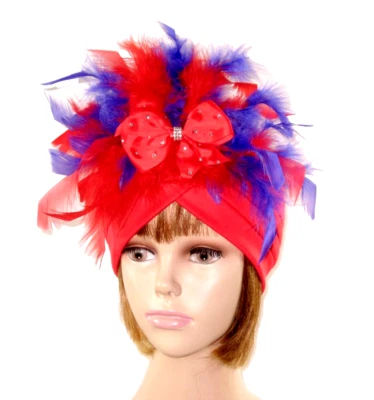 Red Turban Hat Rhinestone Bow Red Purple Chandelle Feathers Society Ladies - Image 1 of 4