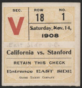 Talón de boletos de Cal vs Stanford 1908 ""GRAN JUEGO - Imagen 1 de 1