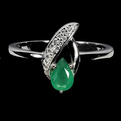 925 Sterling Silver Ring Pear Emerald 6x4mm Natural Gemstone Jewelry Size 7 - Image 1 of 4