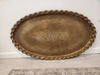 Vintage Brass Tray Top For Coffee Table 36x22 Oval Piecrust Edge Mid-Century - Image 1 of 4