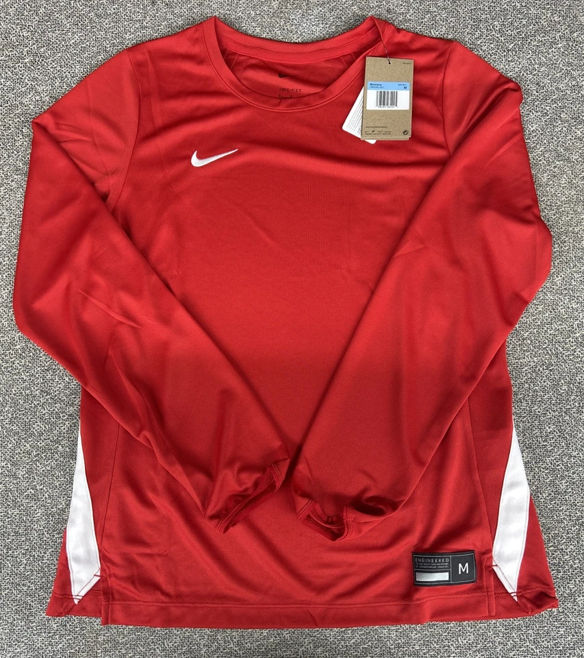 Nike Warm Up Shirt Women's Medium Red White Dri-Fit Long Sleeve Tee HM9060-657