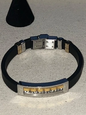 Stainless Steel Black Rubber Two-Tone Metal Band Bracelet w/ CZ Stones - Image 1 of 4
