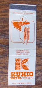 FUNDA TIKI MATCHBOOK: KUHIO HOTEL WAIKIKI, HAWAII CUBIERTA VACÍA -B24 - Imagen 1 de 1
