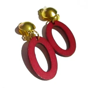 CLIPS Ohrclips bordeaux weinrot dunkelrot goldf Holz oval - Bild 1 von 3