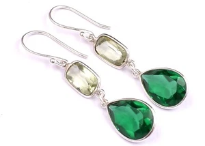 Handmade Green Emerald Gemstone 925 Sterling Silver Dangle Drop Earrings Gift - Picture 1 of 12