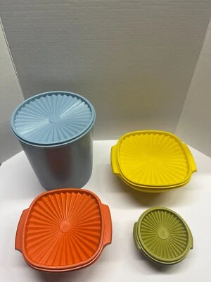 Lote de 4 cuencos Tupperware vintage con tapas dorado naranja oliva más bote azul Foto 1 de 4