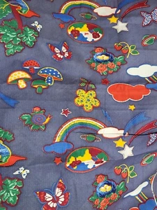 NOS VTG Faux Denim Applique Groovy Fabric Mushrooms Rainbow Butterfly Solar BTY - Picture 1 of 3