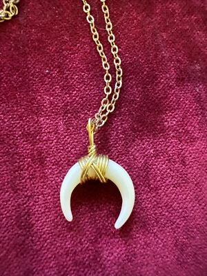 SMALL White Acrylic Double Horn Pendant Necklace Crescent Moon  Gold Tone 21” L - Image 1 of 4