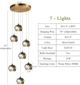 7-flammige Rauch Kristall Pendelleuchten rund Messing LED Decken Hänge Lampe - Bild 1 von 11