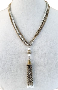 Marino Milk Glass Tassel Pendant Gold Tone & Enamel Chain Necklace 22.75" - Picture 1 of 6