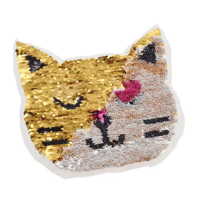 Reversible Sequins Cat Head Patches DIY Sew on Iron on Clothing Decor Appliques - Image 1 of 4