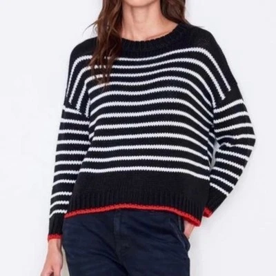 Suéter Pullover Tejido Relajado Mezcla Lana Sundry Mujer Pequeño Negro Blanco Rayas Foto 1 de 4