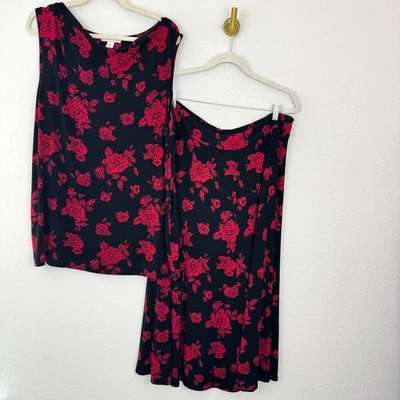 Coldwater Creek Womens Skirt Tank Set Size 1X Slinky Rose Floral Black Red - Image 1 of 4