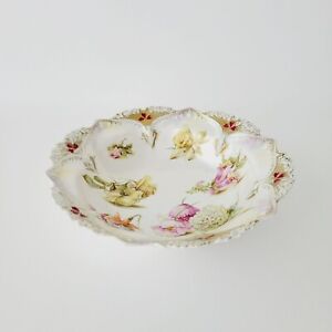 White RS Prussia Antique Floral Porcelain Bowl, Hand Painted w/ Satin Finish