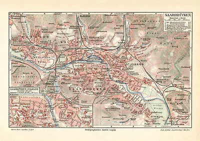 Saarbrücken Historischer Stadtplan Karte Lithographie Ca. 1913 Antike Stadtkarte • 9.98€