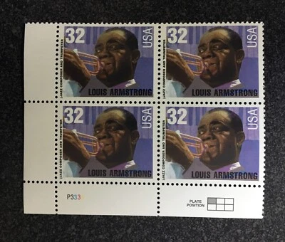 1995USA #2982 32c Luis Armstrong- Plate (#3333) Block 4 - Image 1 of 2