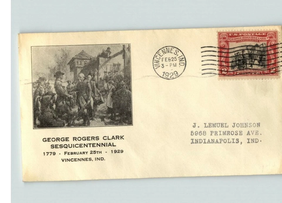GEORGE ROGERS CLARK, 1929 # 651, First Day of Issue, cancelled Vincennes, Indian - Image 1 of 1