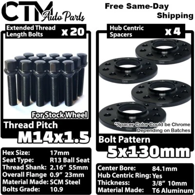 4x 10mm Thick 5x130 84.1mm C.B Wheel Spacer Set Black Bolt Fit Mercedes G Class - Image 1 of 4