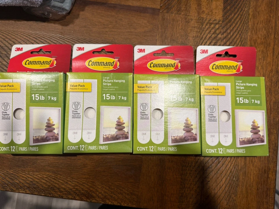 LOT OF 4 3M Command Large Picture Hanging Strips, White, Damage Free Hanging - Image 1 of 1