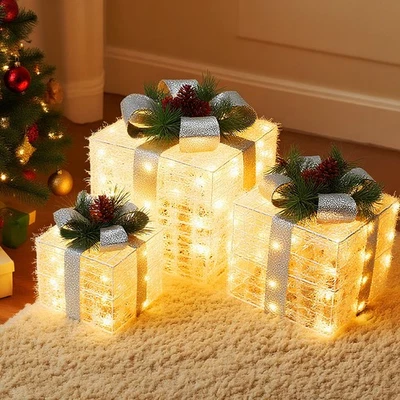 QUNTIS XL 3PCS LED Light Up Present Boxes Christmas Decorations Table Xmas Tree Decor