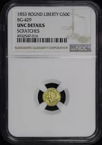 1853 CA Fraktional Gold 25C Round Liberty BG-429 NGC UNC Details Kratzer - Bild 1 von 2