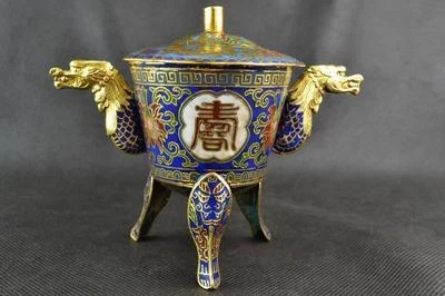 QUEMADOR DE INCIENSO DRAGÓN TALLA DE FLORES PINTURA CLOISONNE ANTIGUA CHINA ARTESANAL Foto 1 de 4