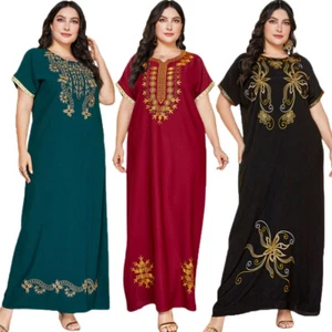 Maxi Vestido Musulmán Mujeres Manga Corta Caftán Dubai Abaya Bordado Batas Sueltas - Imagen 1 de 29