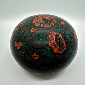 Black Lacquer Trinket Box Hand Painted Paper Mache Etched Floral - Picture 1 of 12