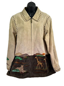 Quacker Factory Women's Tan & Brown Suede Safari Motif Full Zip Jacket Ss XL
