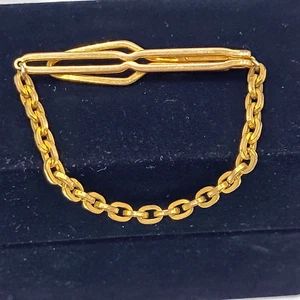 Fancy Dress Formal Vintage Gold Tone Brass Plate Tie Bar Clasp Cable Chain 1930s - Picture 1 of 11