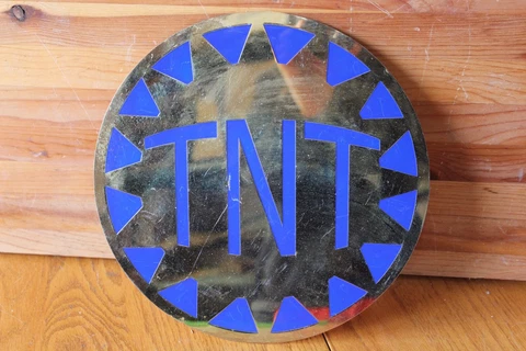 TNT Explosion dynamite Brass Sign 10" Blue enamel round Decor plaque Cover