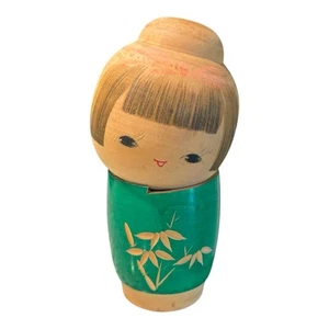 Kokeshi Doll Girl Green Vintage Japan Wooden Kimono Hand Made Painted 5 1/2” - Picture 1 of 5
