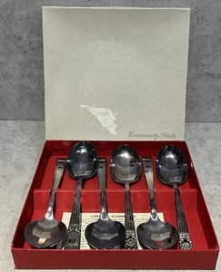 Oneida Coronation aka Hampton Court Silverplate Fruit Spoon Set Of 6 in Box - Picture 1 of 4