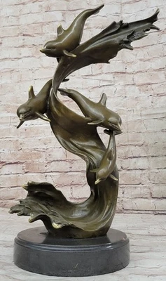 Handcrafted Four Dolphins Swimming Bronze Sculpture Ocean Sea Fish Figurine - Image 1 of 4