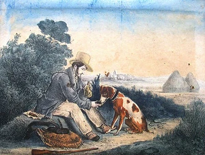 Unbekannt / altkolorierte Lithographie / Jäger und Hund bei der Rast / um 1850 - Picture 1 of 1