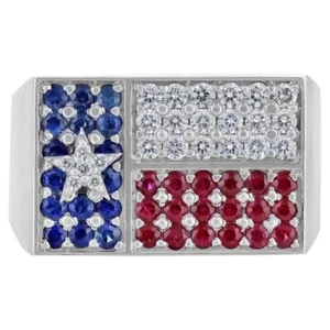 2 Ct Simulated Sapphire, Diamond Texas Flag Men’s Ring 14K White Gold Plated - Picture 1 of 6