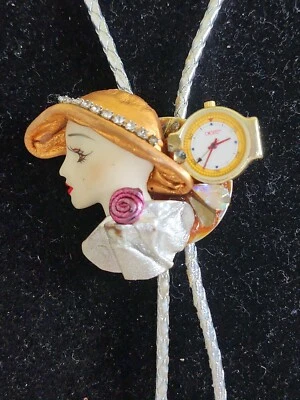 Vintage Women's Face/Profile w/Watch Bolo Tie Silver/Bronze Tone 80s Retro Style - Image 1 of 4