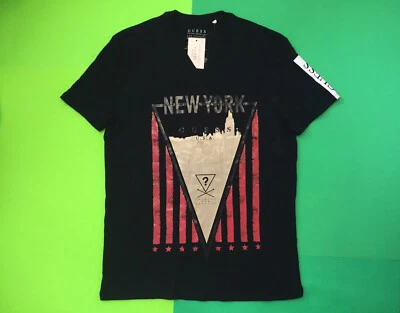 GUESS Los Angeles Men’s Short Sleeve T-Shirt NYC Size MEDIUM Black w/Beige, Red - Image 1 of 4