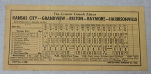 1950 Crown Coach bus passenger timetable Kansas City Belton Raymore Grandview - Picture 1 of 2