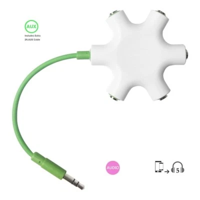 Cable auxiliar Rockstar divisor de 5 vías para auriculares blanco/verde Foto 1 de 2