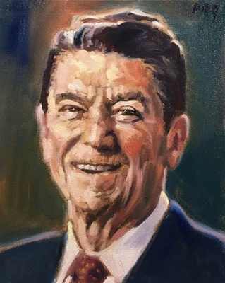 PDQ Artista Original Pintura al Óleo Figurativa Retro Presidente Reagan Arte Realista Foto 1 de 4
