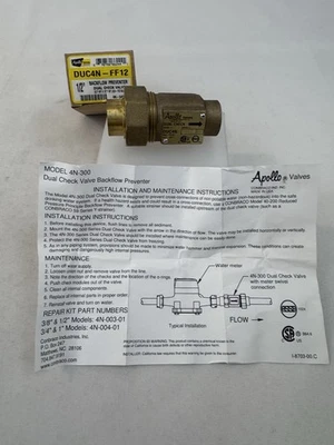 Apollo DUC4N-FF12 1/2” Doble Válvula de retención Preventor de reflujo 1/2” FNPT Nuevo Foto 1 de 4